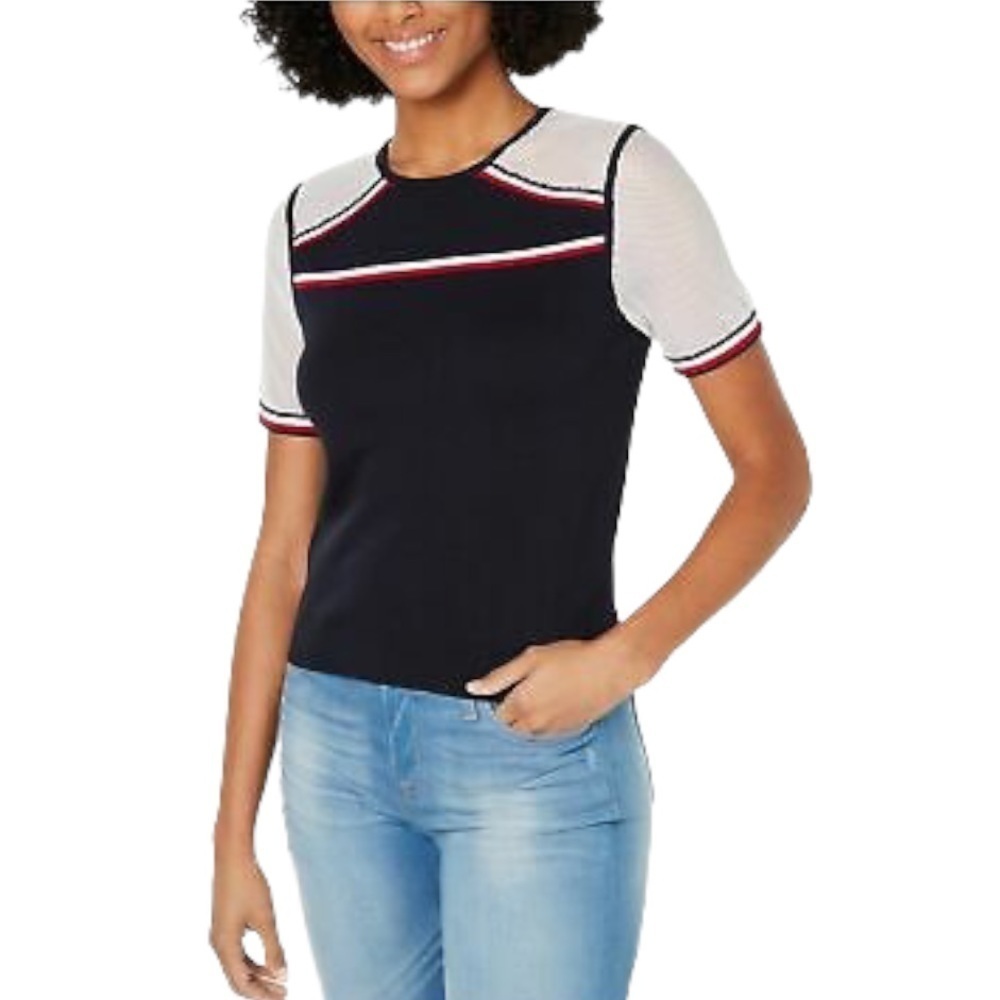 TOMMY HILFIGER Womens Navy Cotton Short Sleeve Crew Neck Top Size: Large